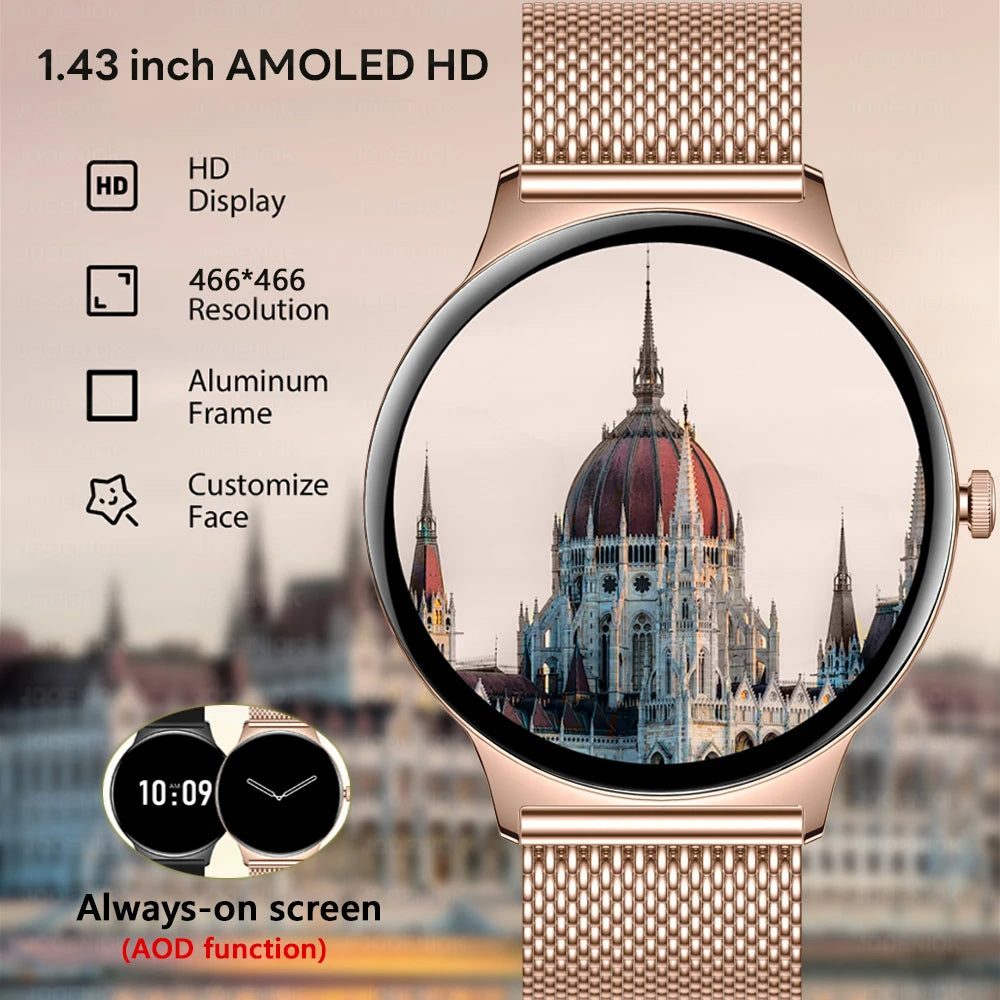 Relógio Smartwatch Feminino 1.43" AMOLED Chamadas BT