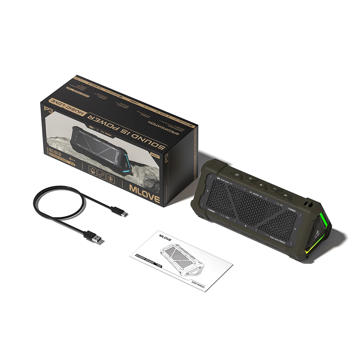 verde exército Cor Coluna Bluetooth Portátil 40W IPX7 com Luzes RGB