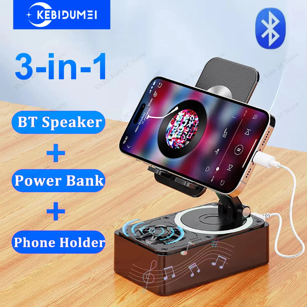 Suporte Bluetooth 3 em 1 com Coluna e Power Bank Dobrável