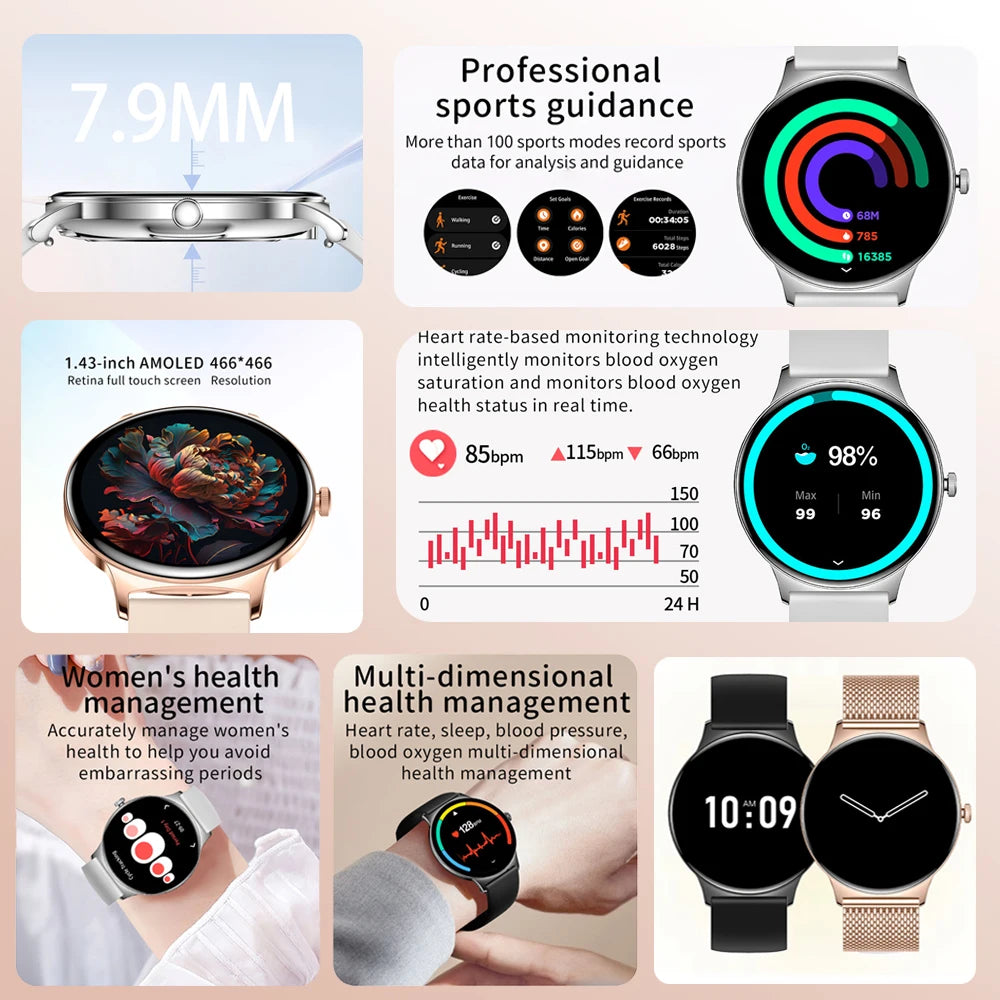 Relógio Smartwatch Feminino 1.43" AMOLED Chamadas BT