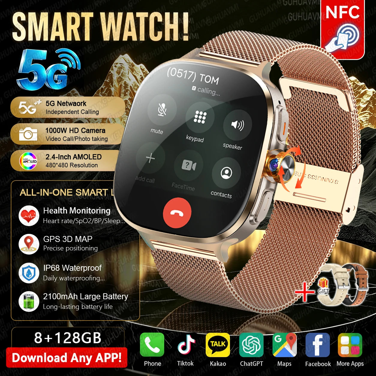 Cinto em Malha Dourado 2A Cor Relógio Smart 4G/5G Com Câmara Rotativa E 128GB