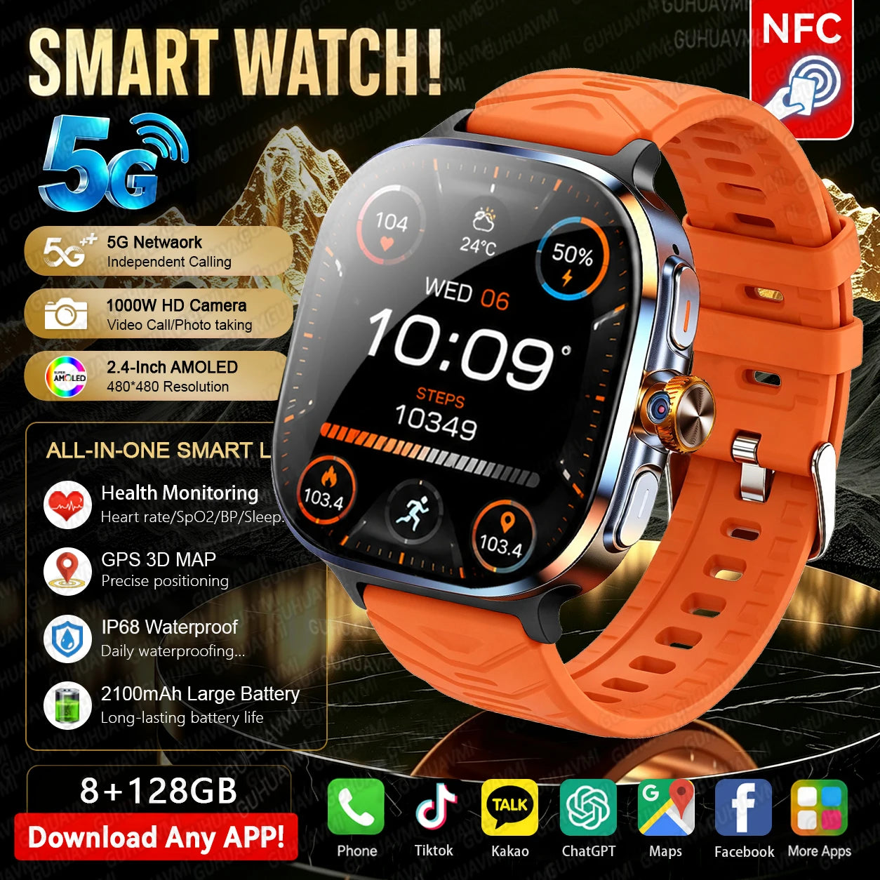 Laranja Cor Relógio Smart 4G/5G Com Câmara Rotativa E 128GB