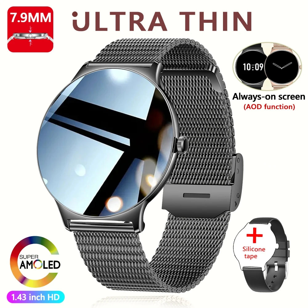 Rede preta Cor Relógio Smartwatch Feminino 1.43" AMOLED Chamadas BT