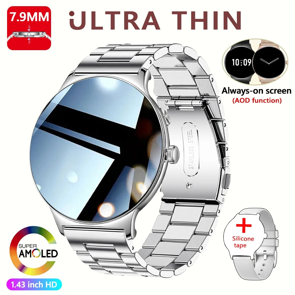 Aço prateado Cor Relógio Smartwatch Feminino 1.43" AMOLED Chamadas BT