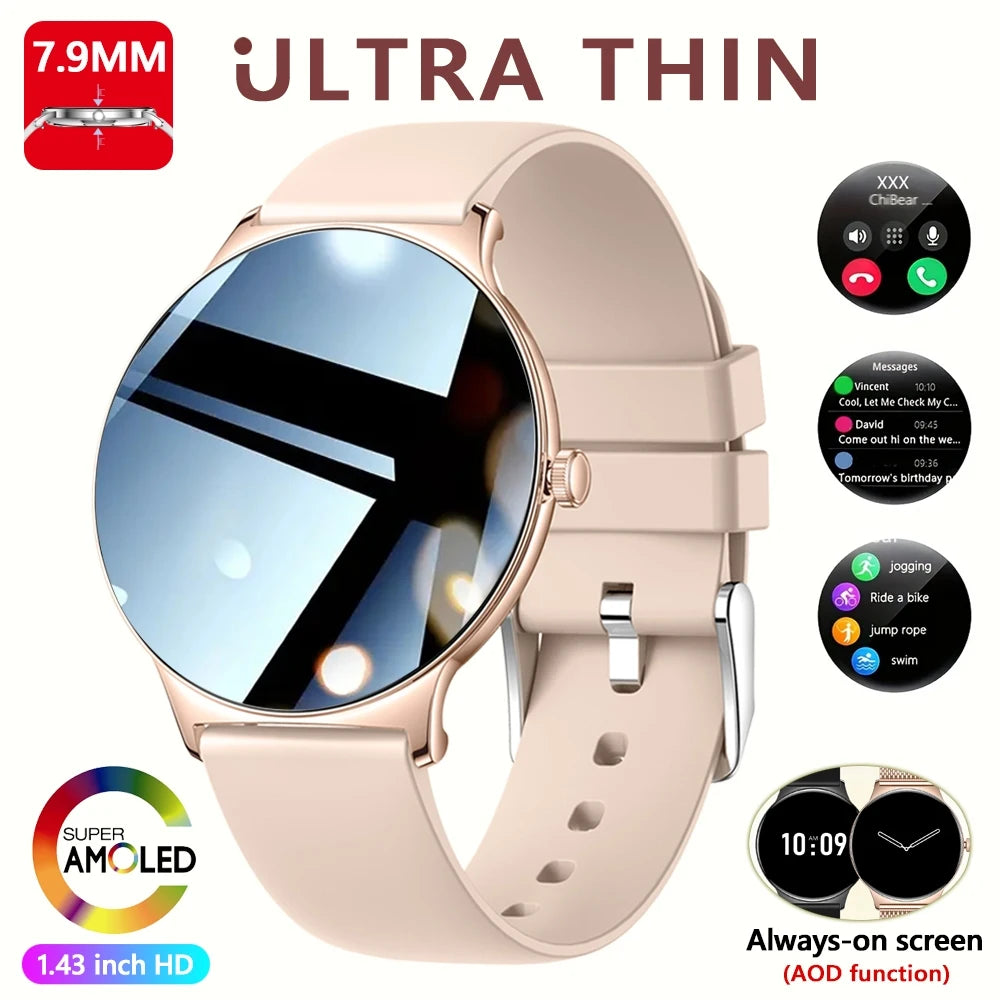 Ouro Cor Relógio Smartwatch Feminino 1.43" AMOLED Chamadas BT