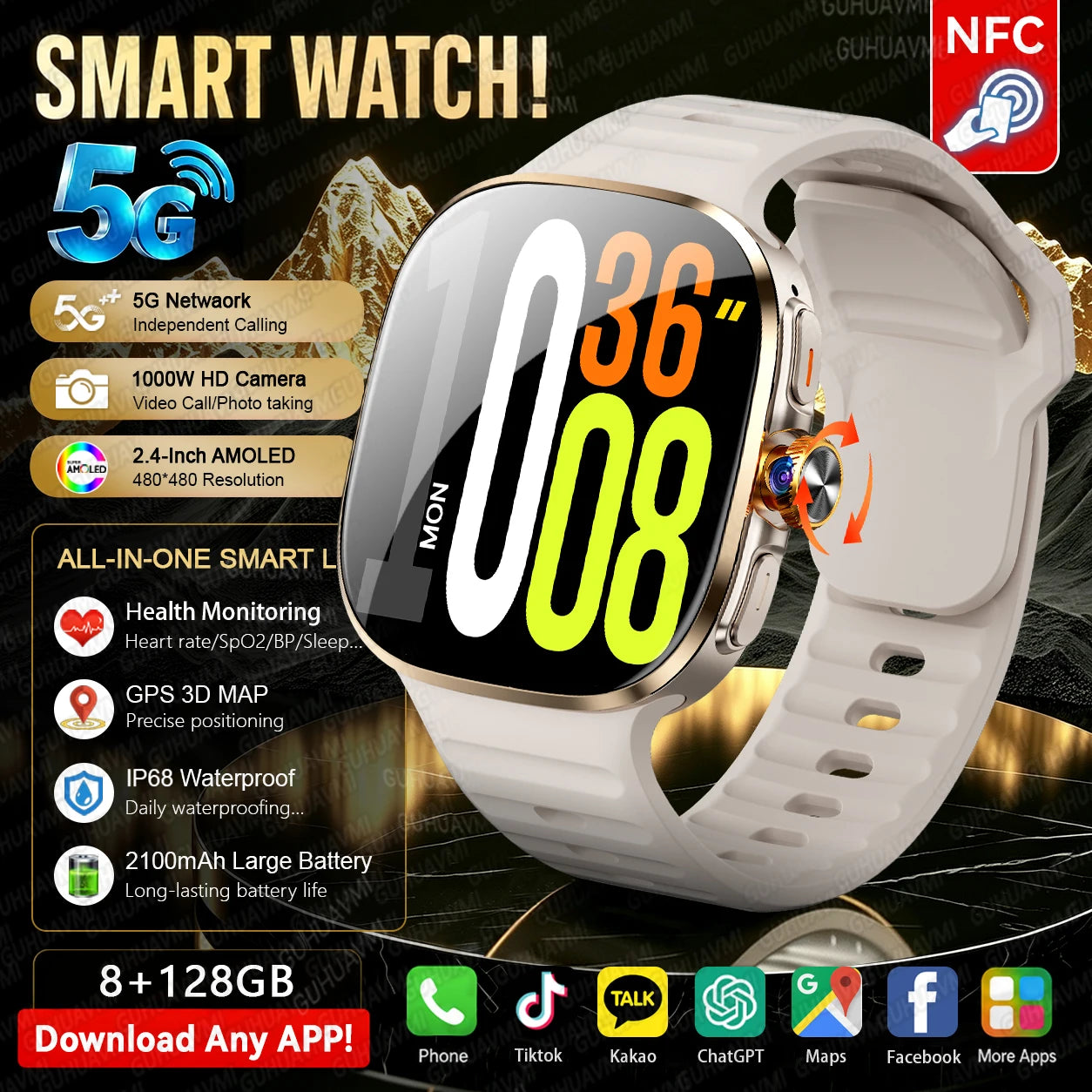 Dourado Cor Relógio Smart 4G/5G Com Câmara Rotativa E 128GB