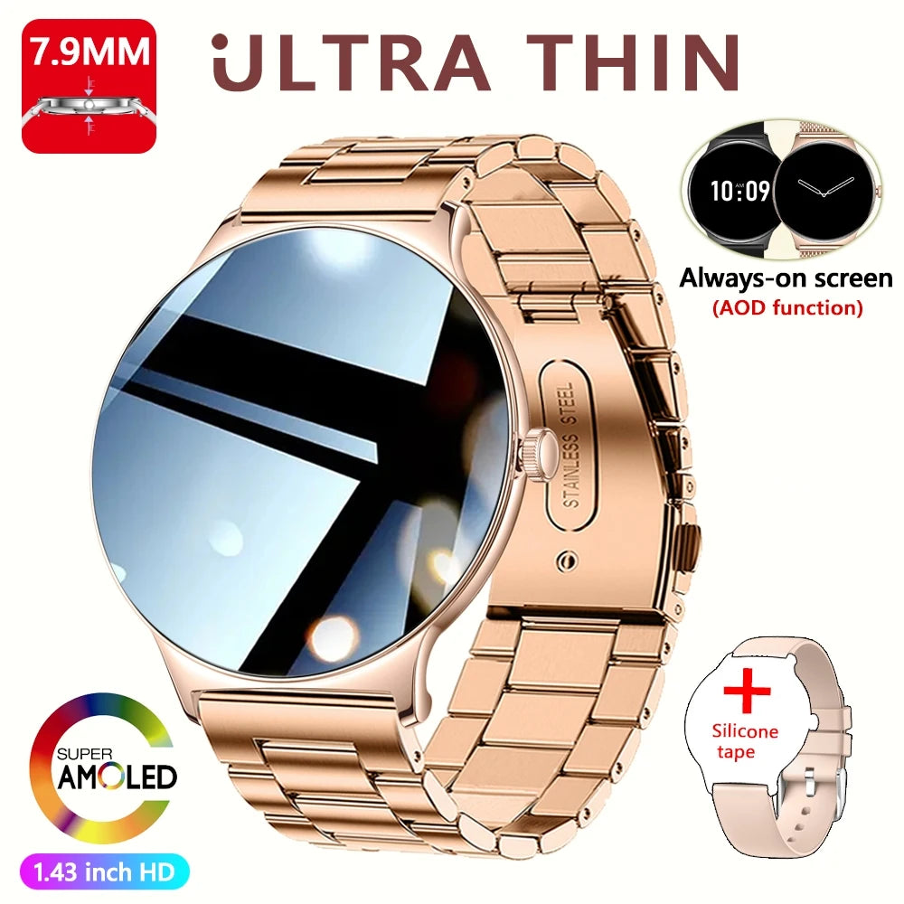 Aço dourado-rosa Cor Relógio Smartwatch Feminino 1.43" AMOLED Chamadas BT