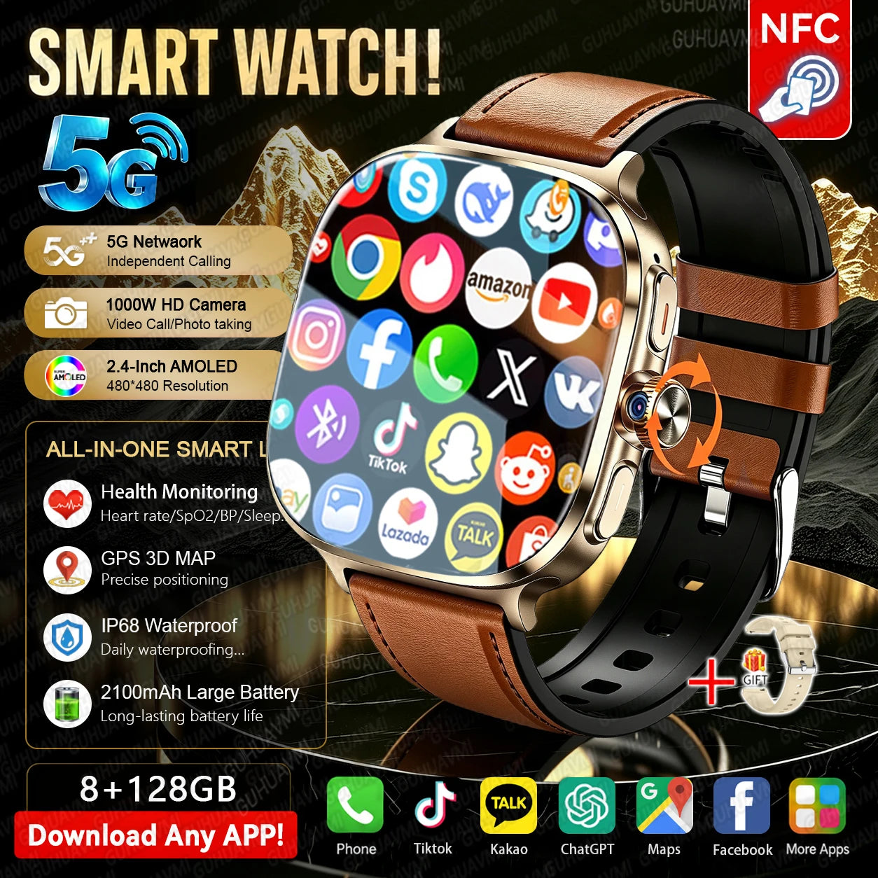 Couro Castanho Cor Relógio Smart 4G/5G Com Câmara Rotativa E 128GB