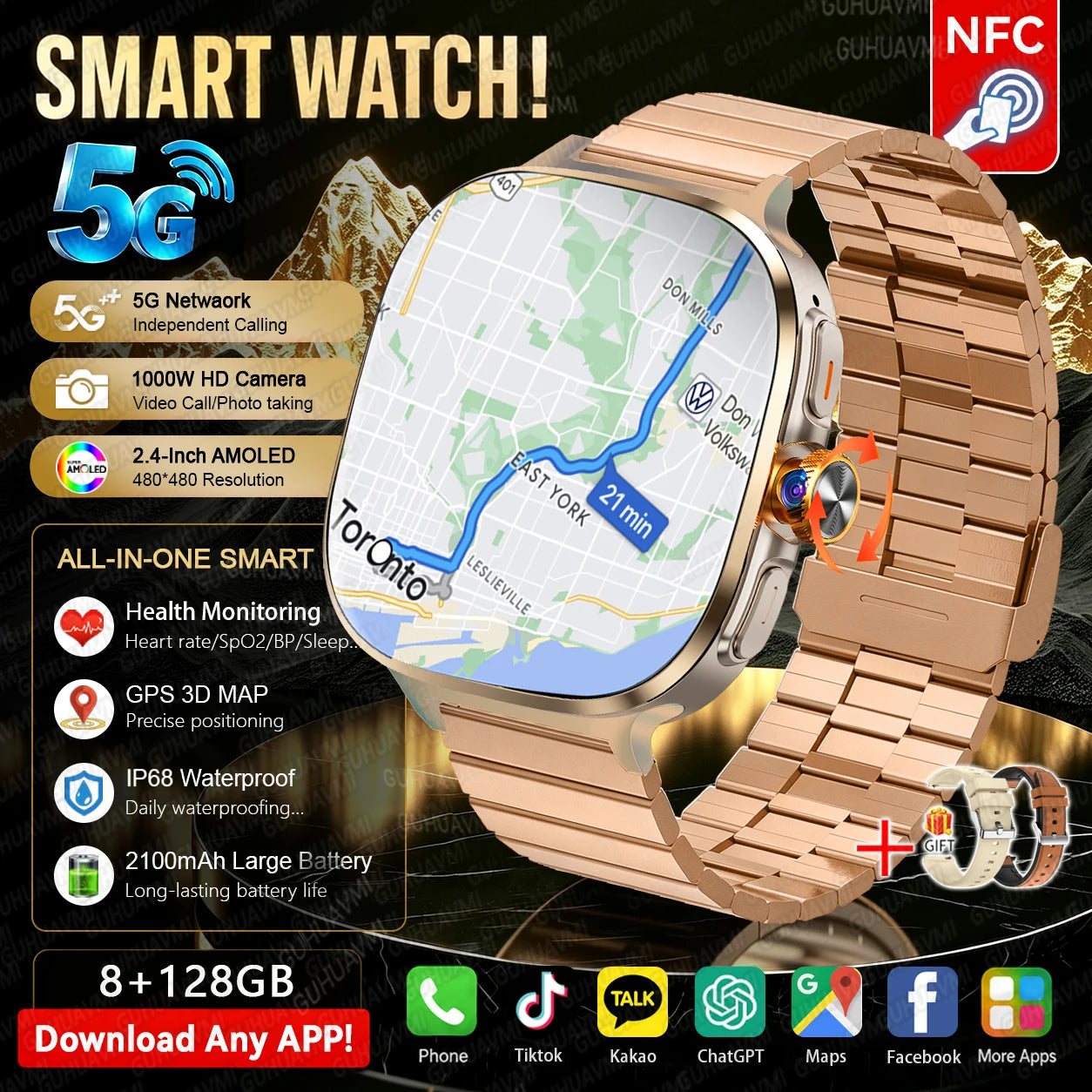 Aço Dourado B 2A Cor Relógio Smart 4G/5G Com Câmara Rotativa E 128GB