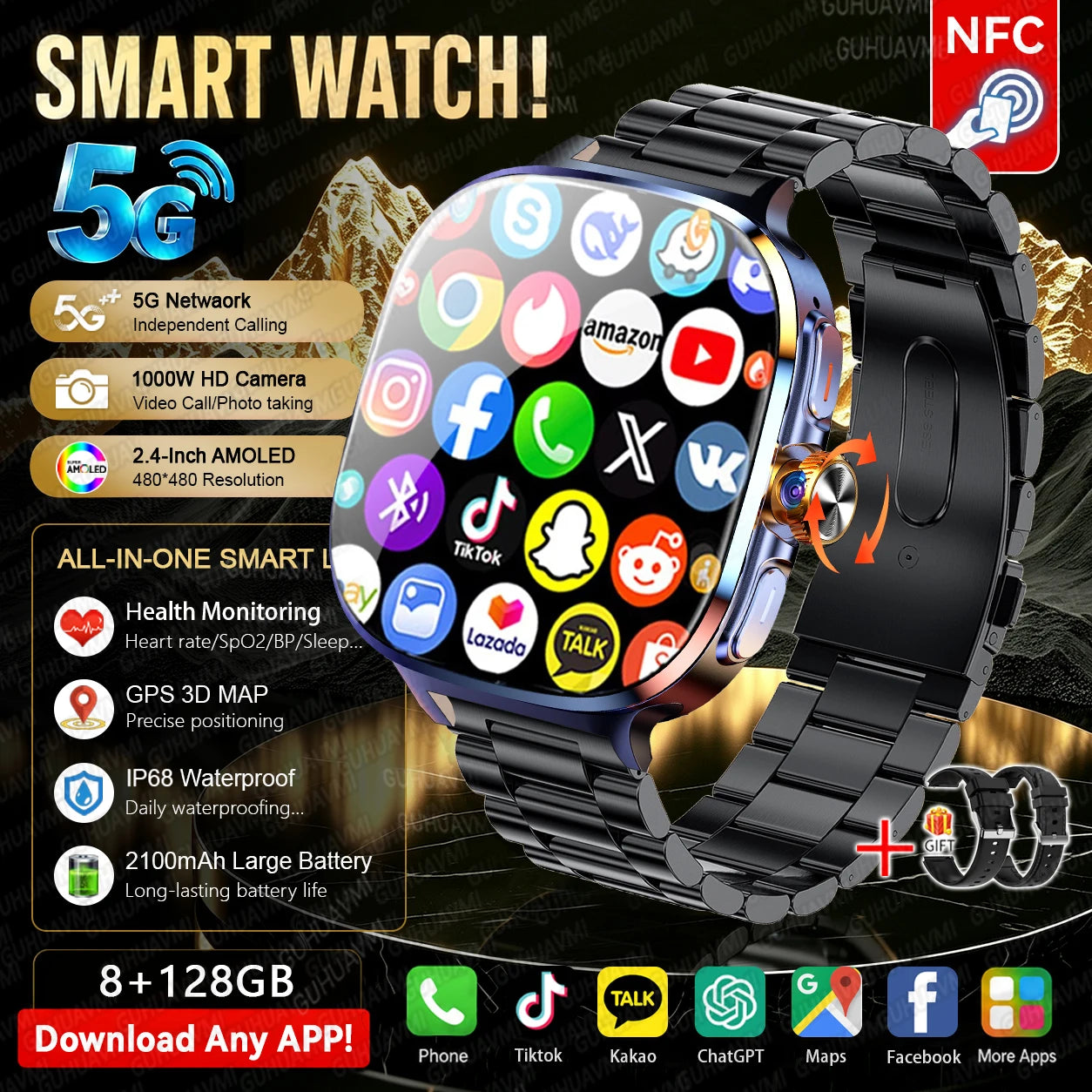 Aço Preto 2A Cor Relógio Smart 4G/5G Com Câmara Rotativa E 128GB