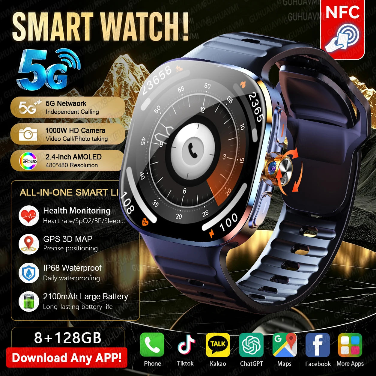 Preto Cor Relógio Smart 4G/5G Com Câmara Rotativa E 128GB