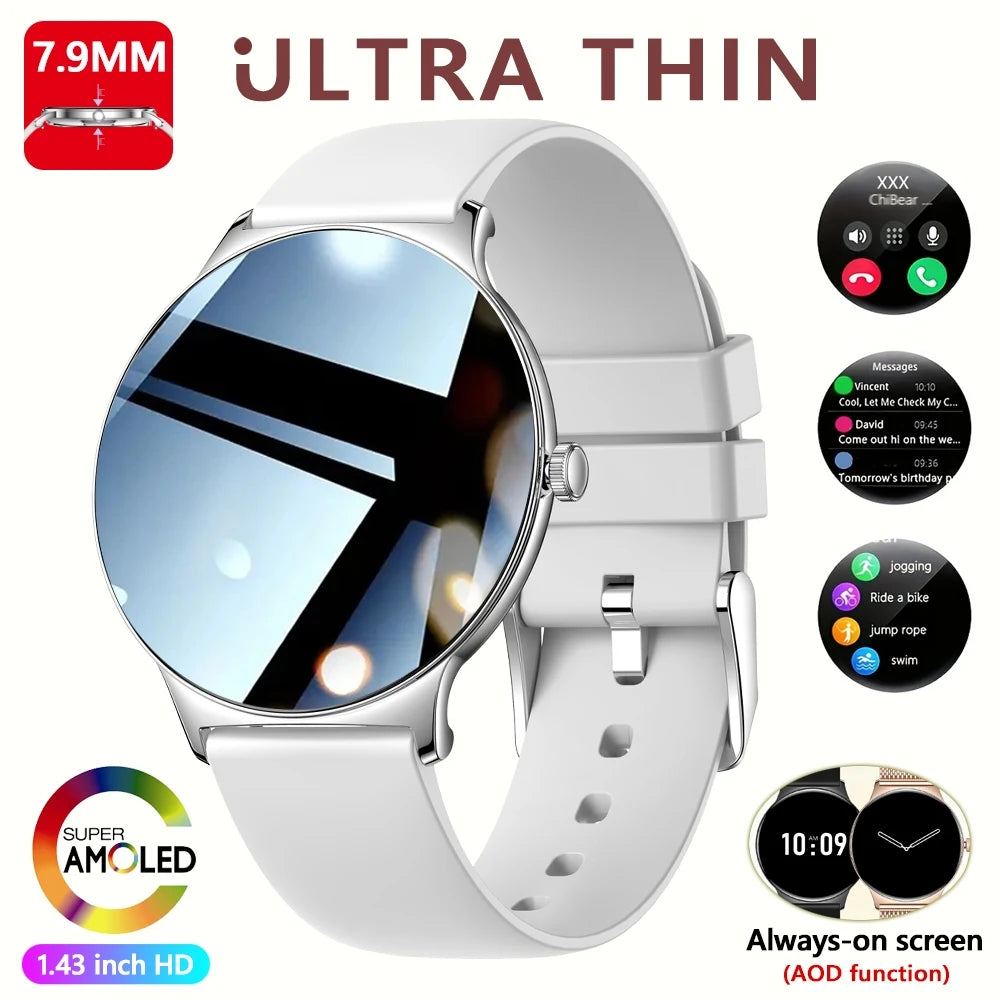 Prata Cor Relógio Smartwatch Feminino 1.43" AMOLED Chamadas BT