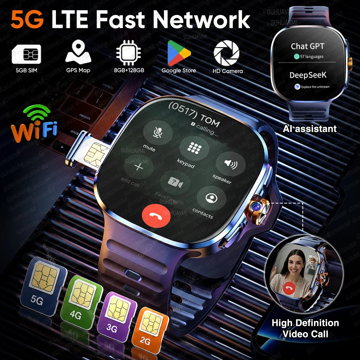 Relógio Smart 4G/5G Com Câmara Rotativa E 128GB