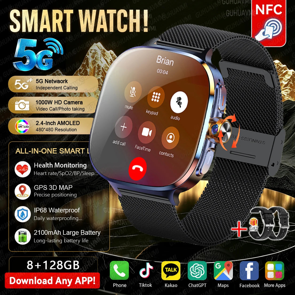Cinto em Malha Preto 2A Cor Relógio Smart 4G/5G Com Câmara Rotativa E 128GB