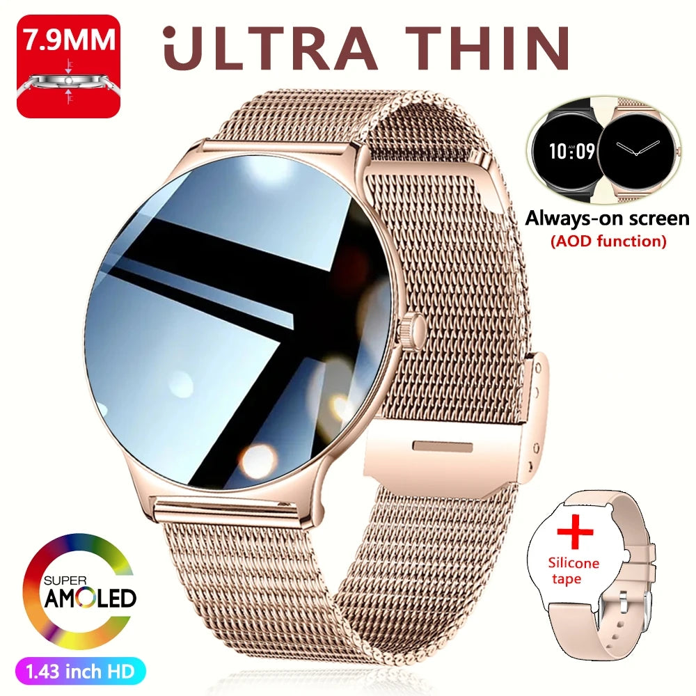 Rede dourada-rosa Cor Relógio Smartwatch Feminino 1.43" AMOLED Chamadas BT