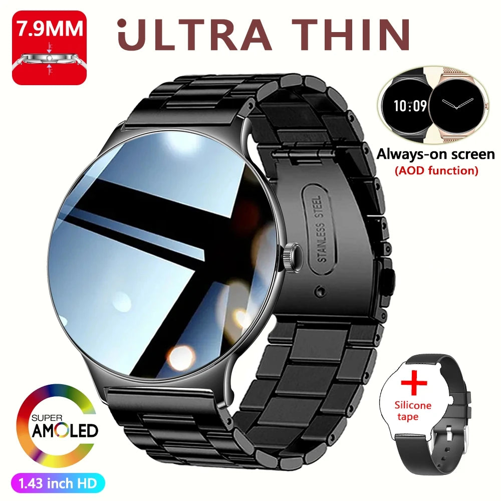 Aço preto Cor Relógio Smartwatch Feminino 1.43" AMOLED Chamadas BT