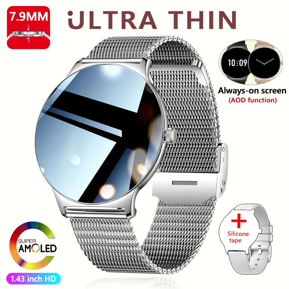 Rede prateada Cor Relógio Smartwatch Feminino 1.43" AMOLED Chamadas BT