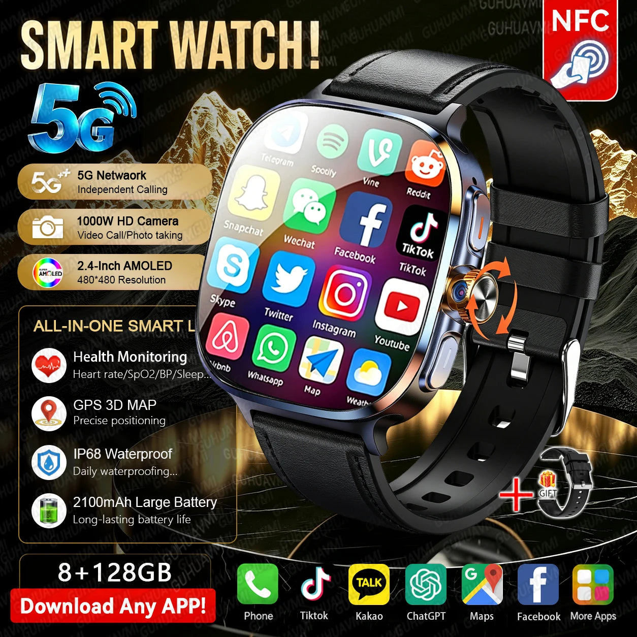Couro Preto Cor Relógio Smart 4G/5G Com Câmara Rotativa E 128GB