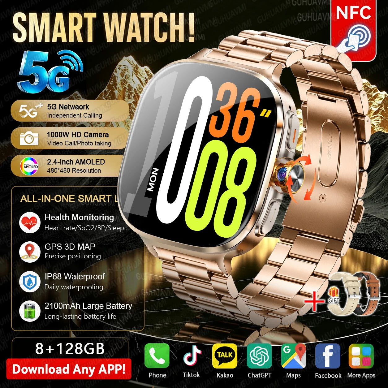Aço Dourado 2A Cor Relógio Smart 4G/5G Com Câmara Rotativa E 128GB