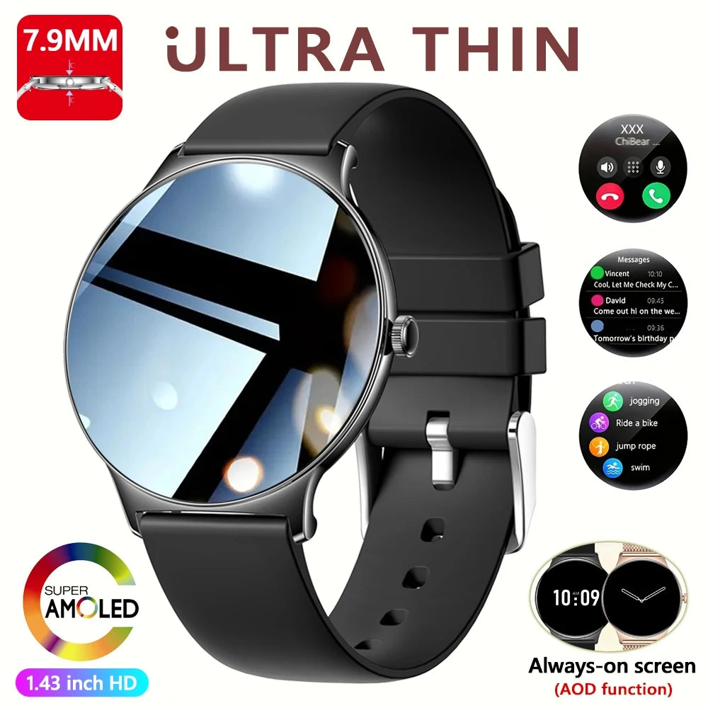 Preto Cor Relógio Smartwatch Feminino 1.43" AMOLED Chamadas BT